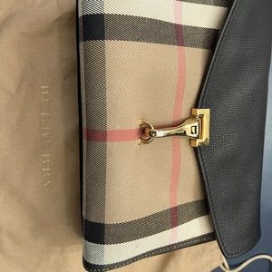 Burberry Small Vintage Check and Leather Crossbody black with gold hardware.